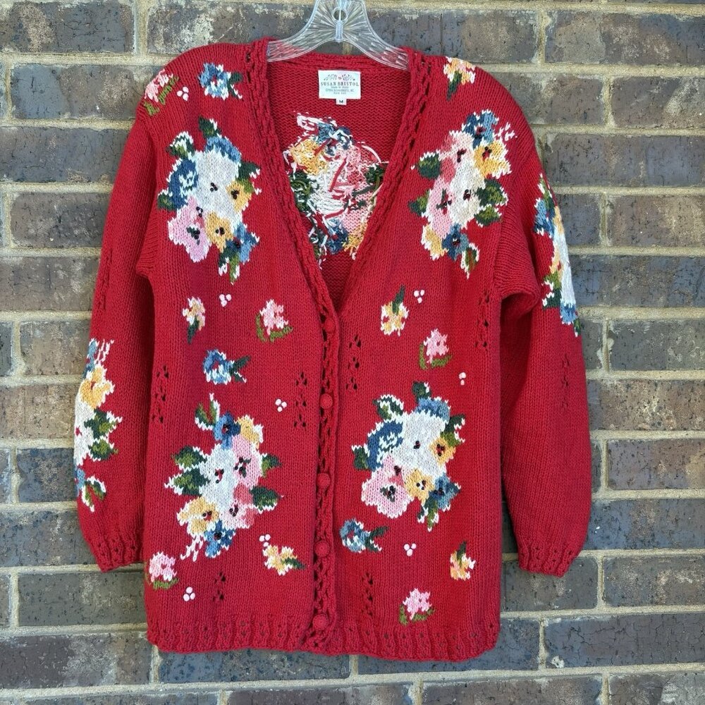 Floral Hand Knit Cardigan Sweater Vintage Susan Bristol  Red Flowers Beads Sz M